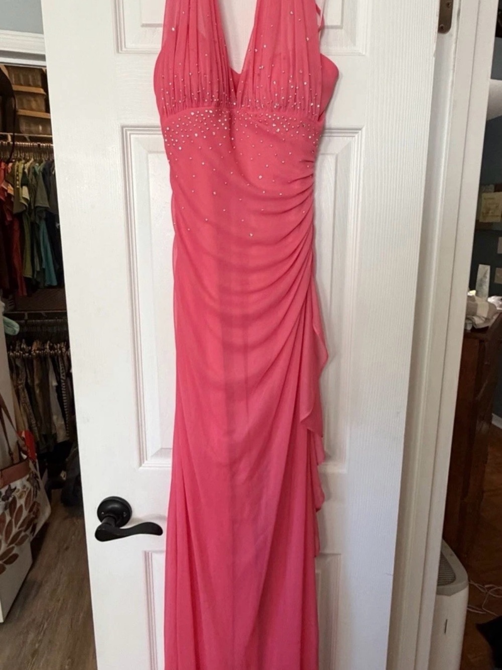 Blondie Nites Coral Pink V-Neck Prom Gown with Rhinestones